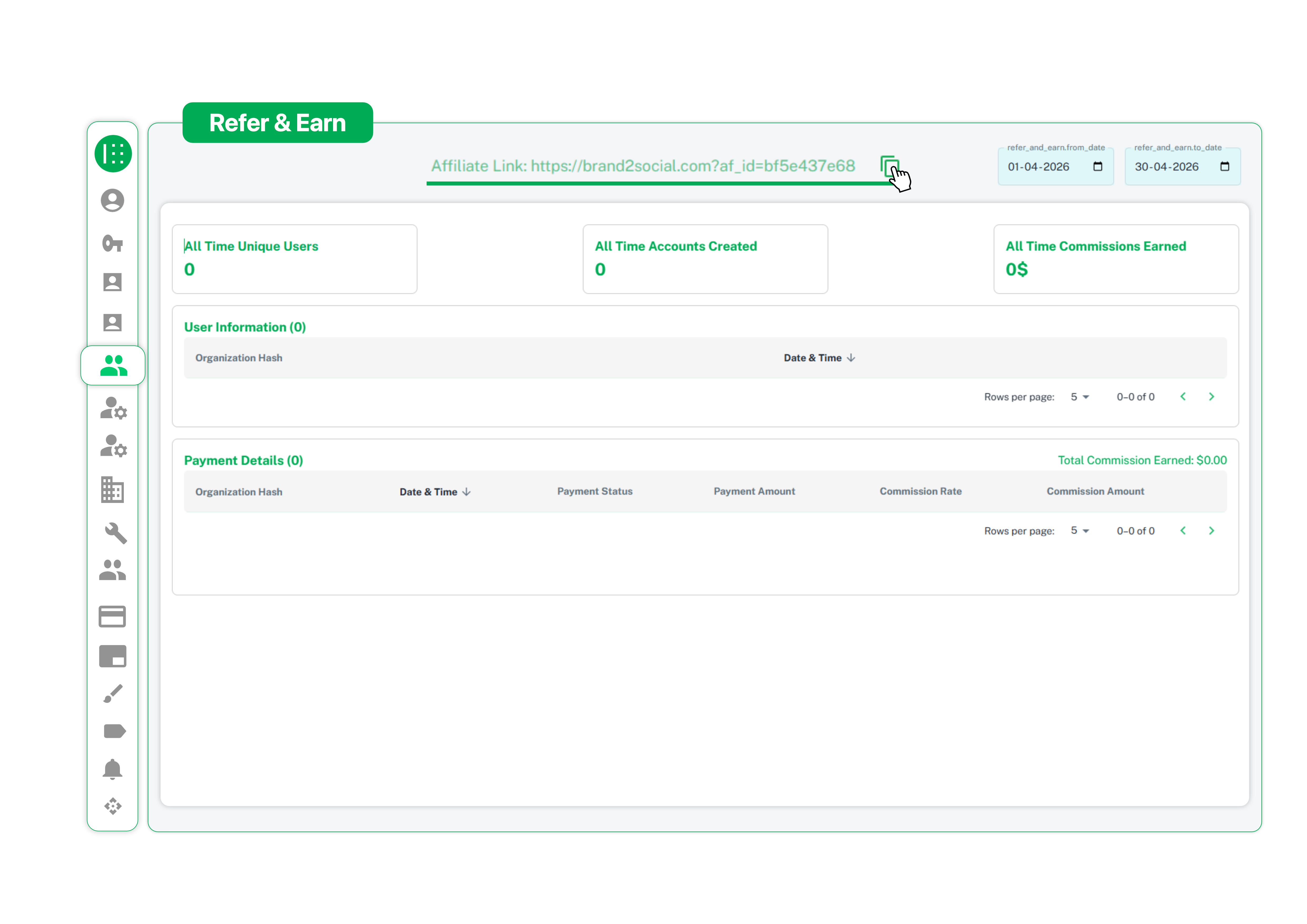 Brand2Social Refer and Earn page showing a unique affiliate link with a copy button ready to share