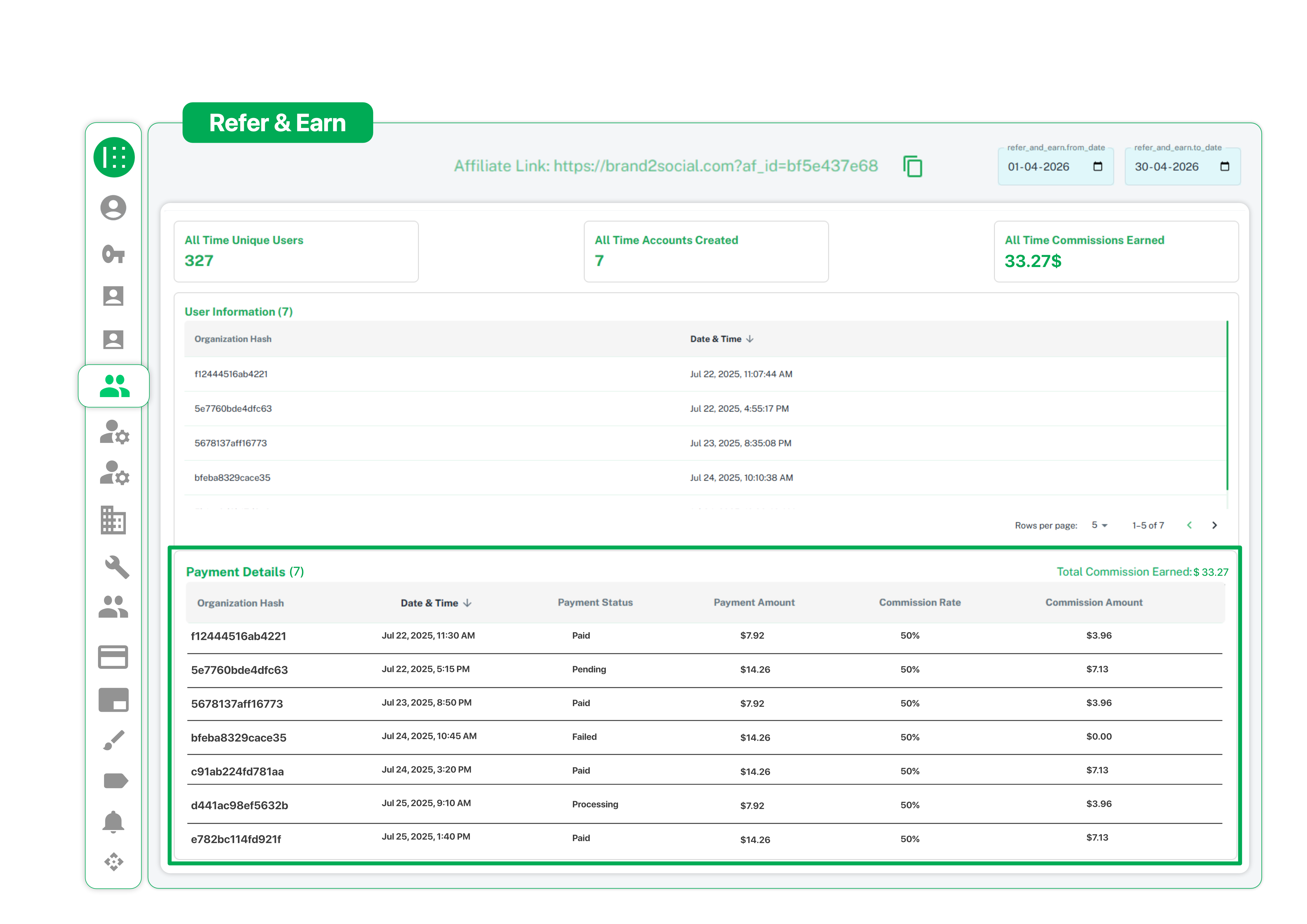 Brand2Social affiliate dashboard showing All Time Accounts Created counter and user sign-up records with organization hash and date