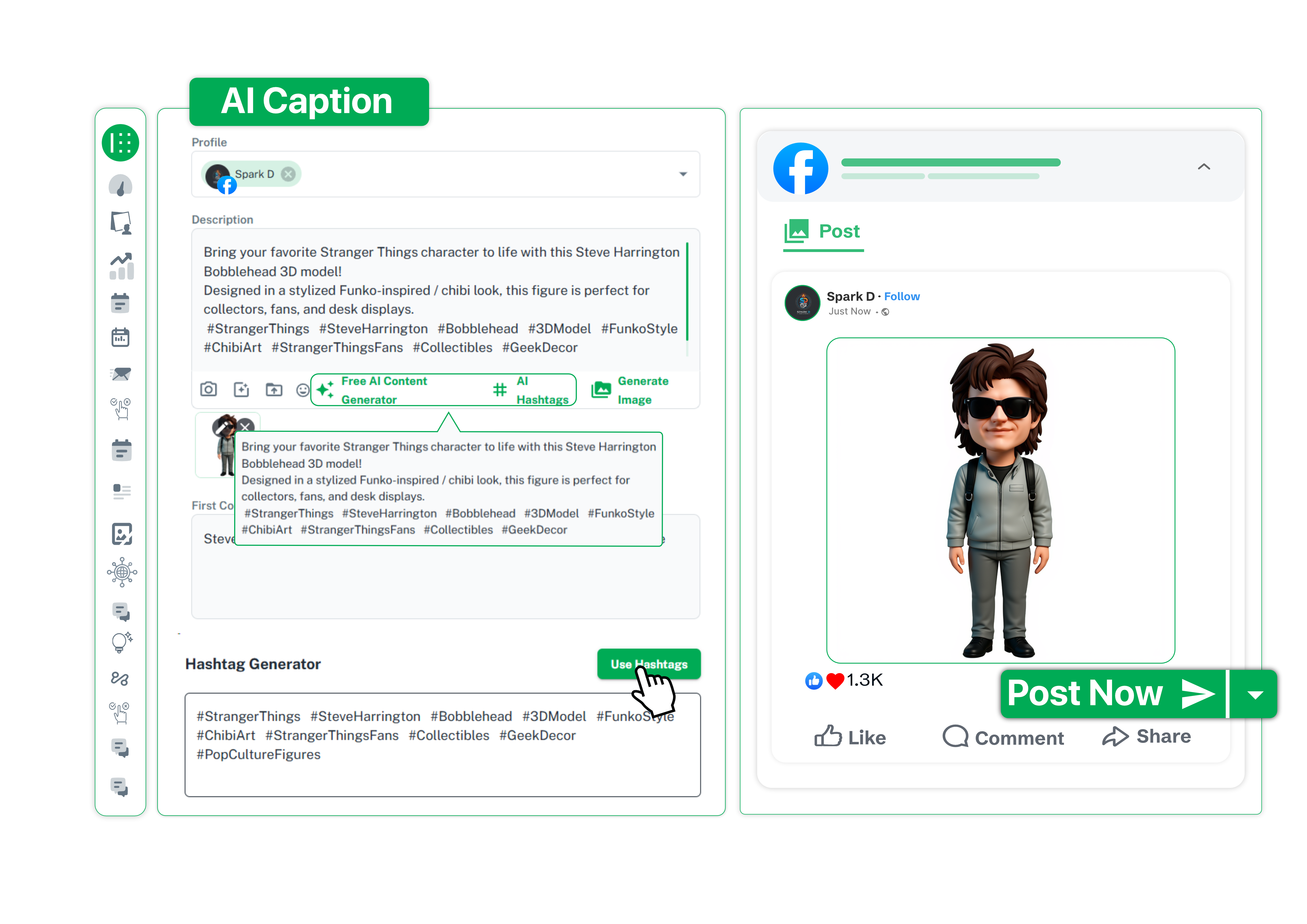 Brand2Social AI content assistant generating social media captions for a small business