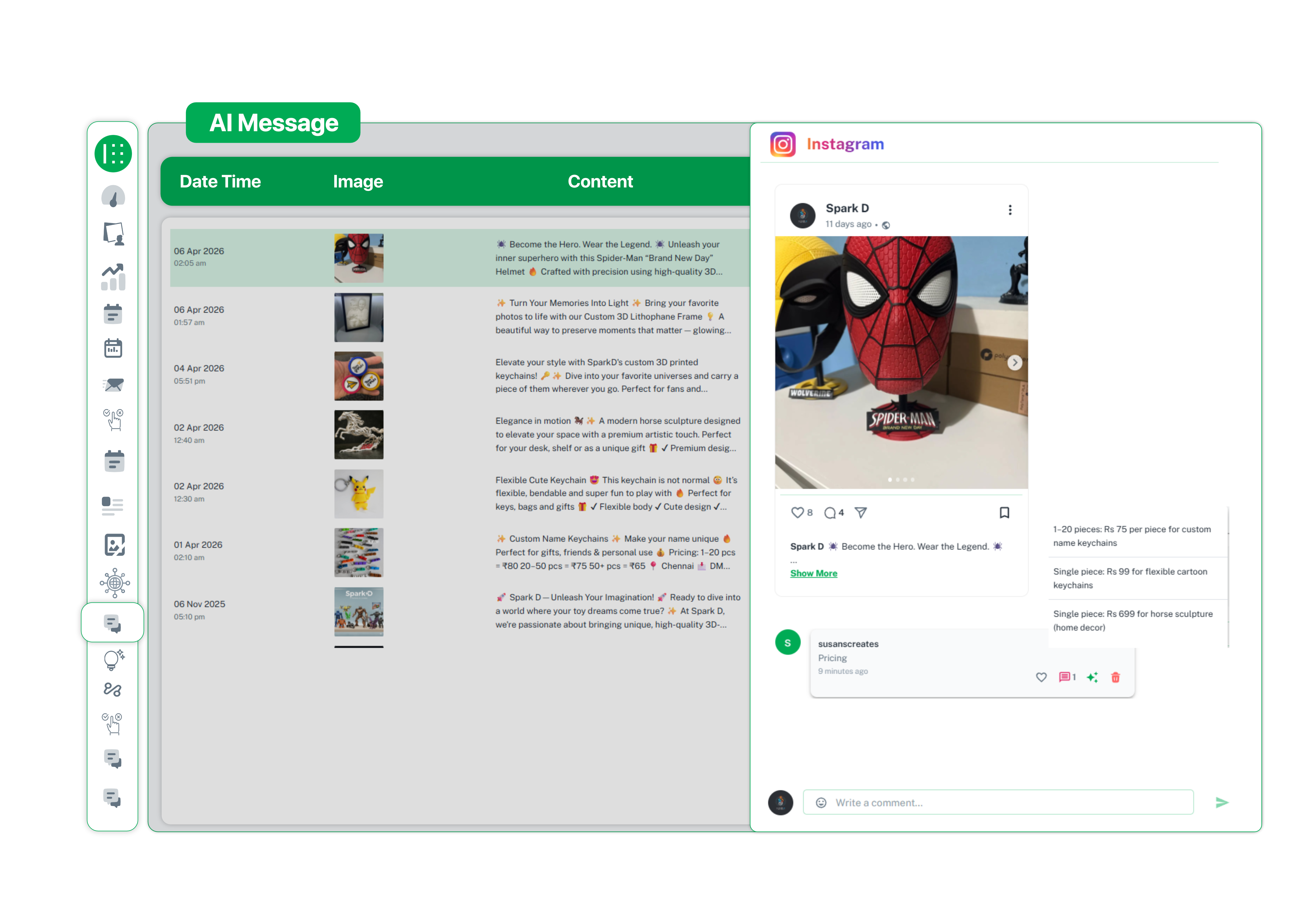 AI comment manager dashboard showing automated replies, post content list, and Instagram preview for social media engagement