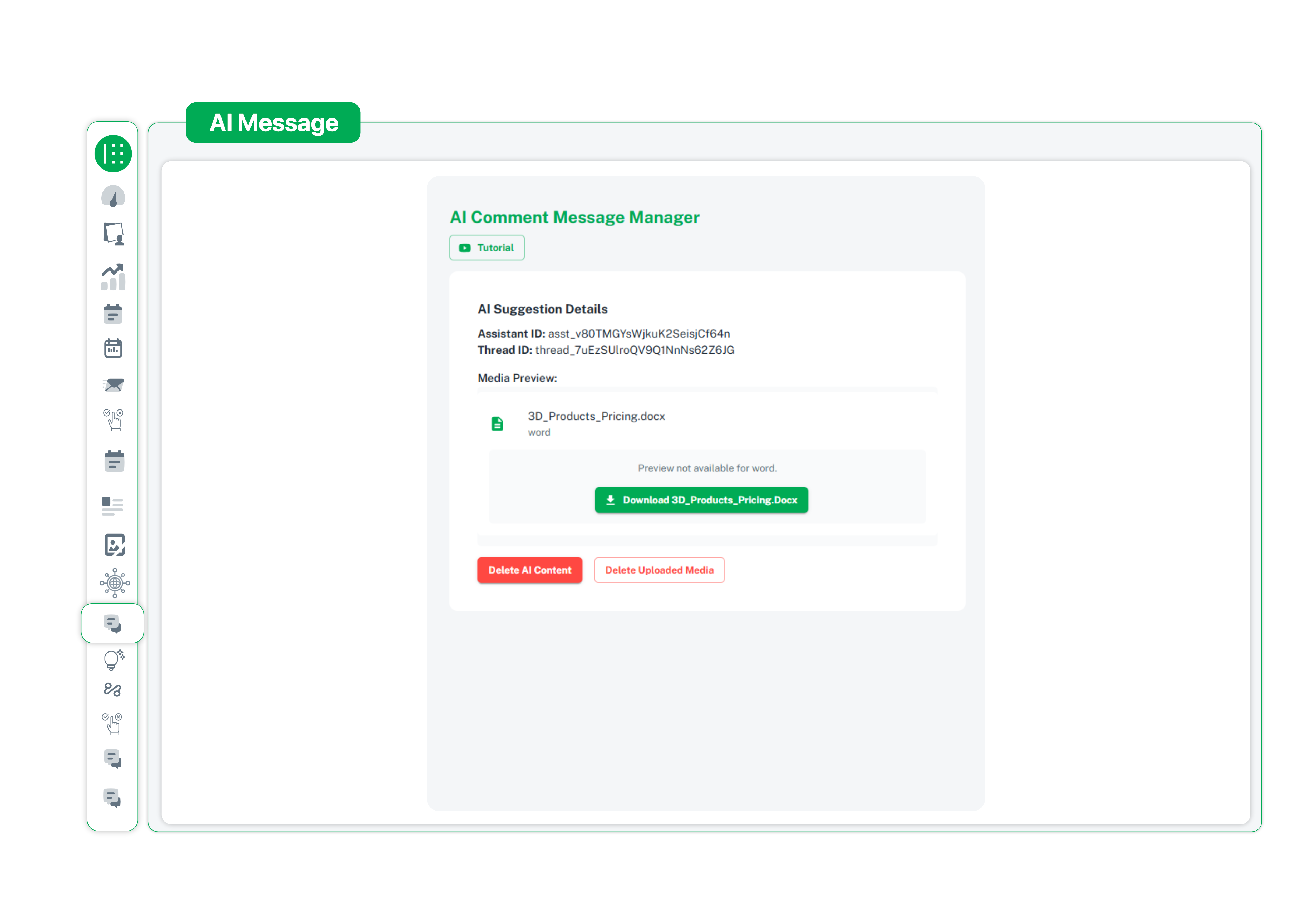 AI comment manager suggestion panel with AI-generated content details and document upload preview for enhanced responses