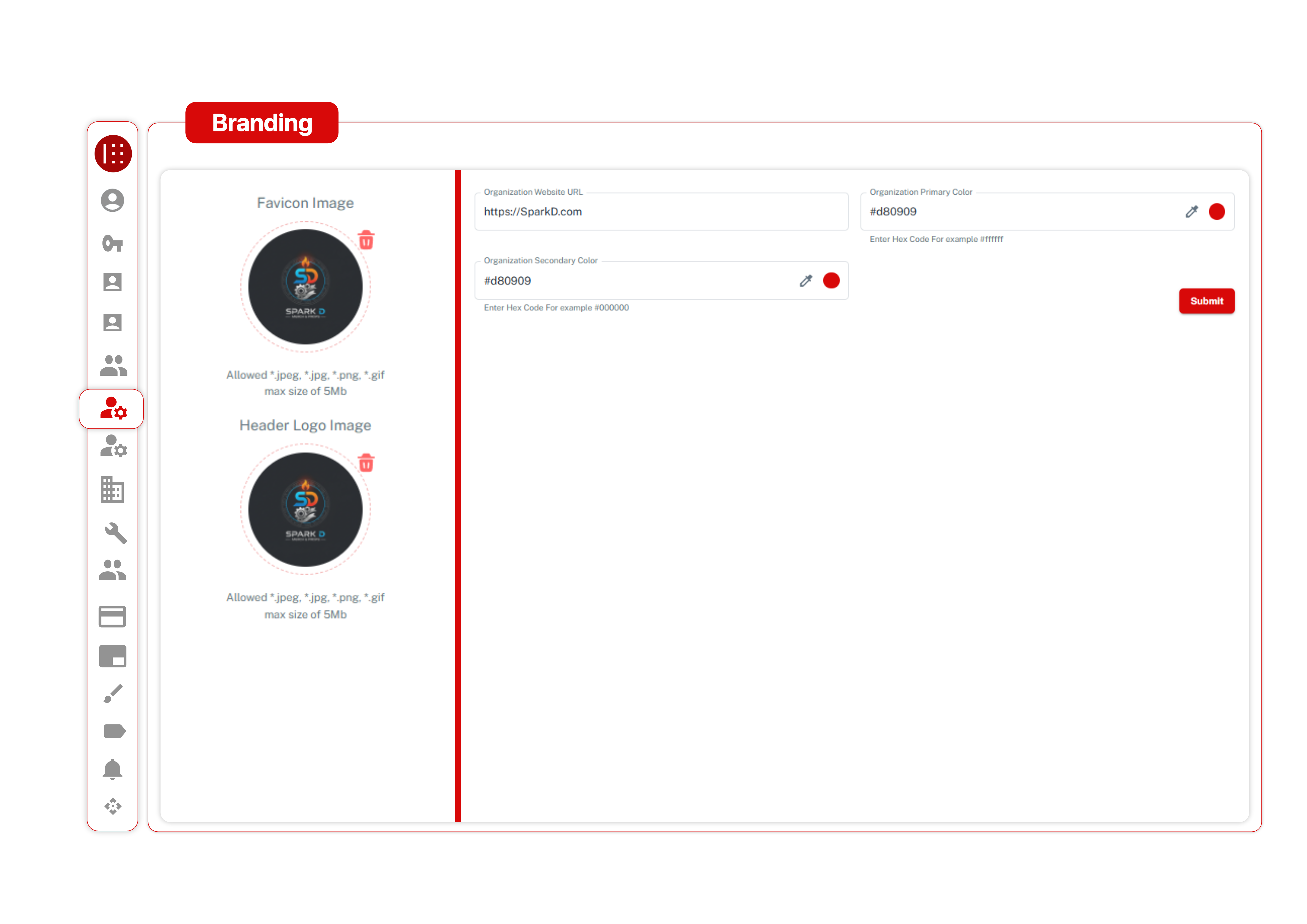 Branding dashboard showing uploaded logo, favicon, and configured brand colors