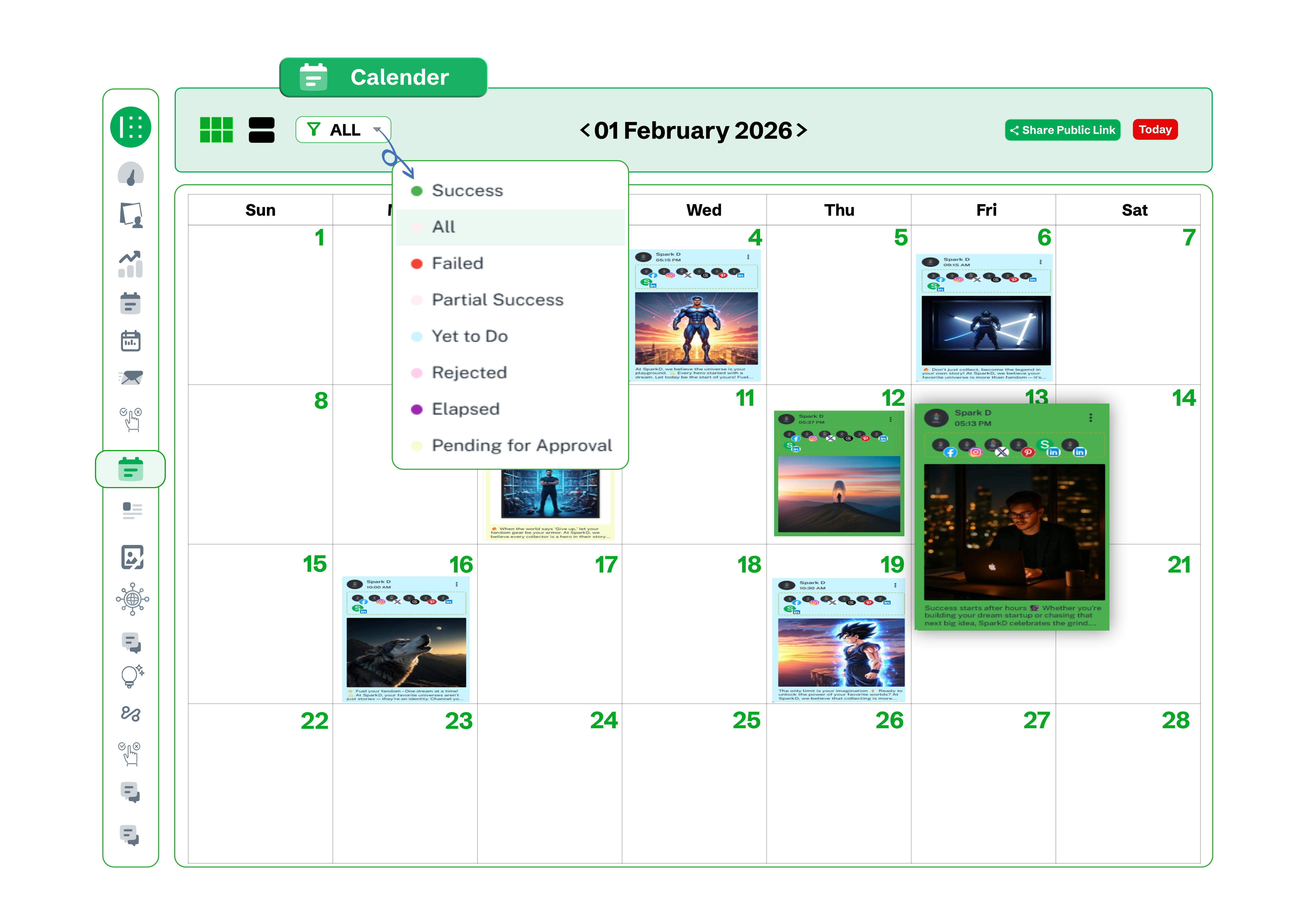 Brand2Social content calendar showing a small business monthly social media plan across platforms