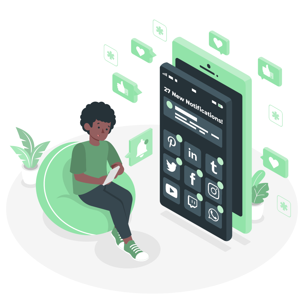 Notification settings panel showing email and in-app notification toggles for post success, failure, approval and social connect events