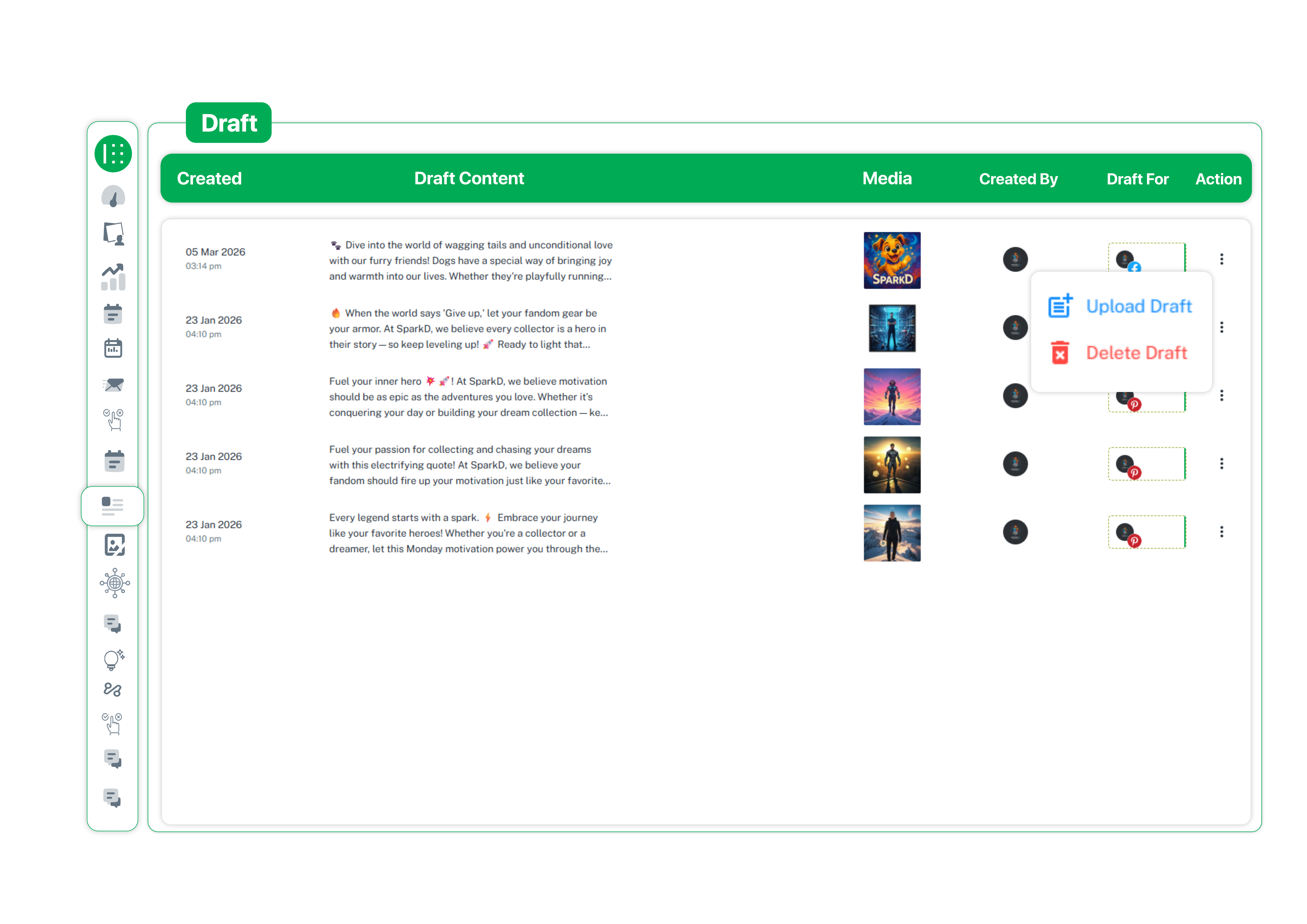 Draft list showing post content, media, created by, draft for platform and upload or delete actions