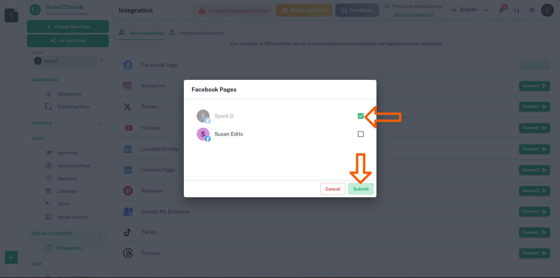 Facebook Page selection screen