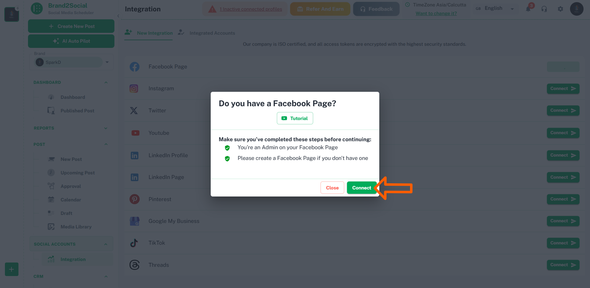 Connect button for Facebook on the Integrations page
