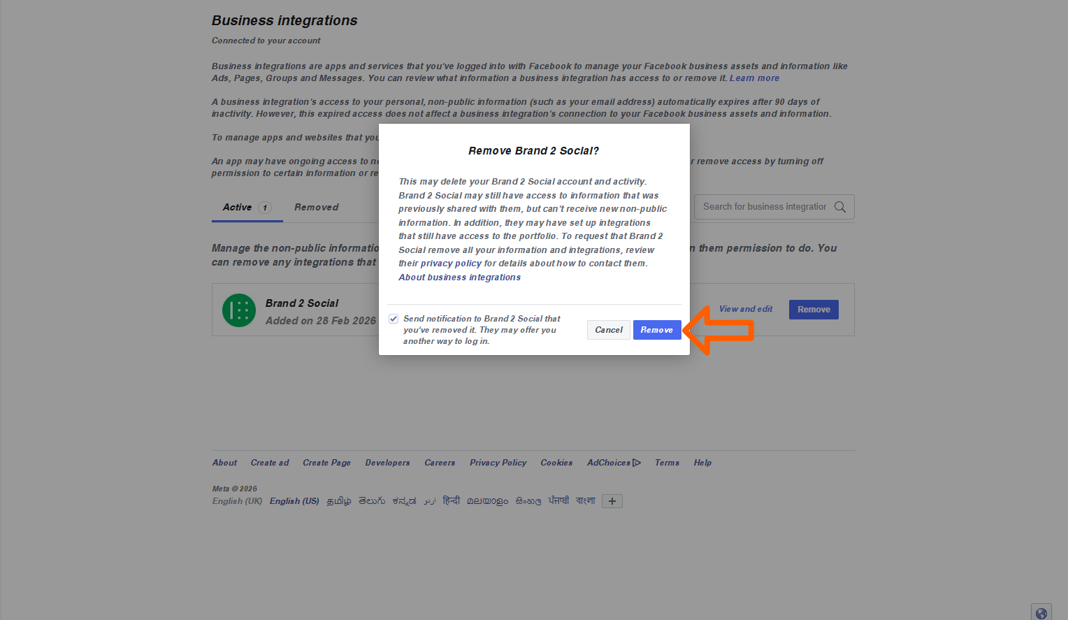 Facebook Business Integrations - Remove Brand2Social