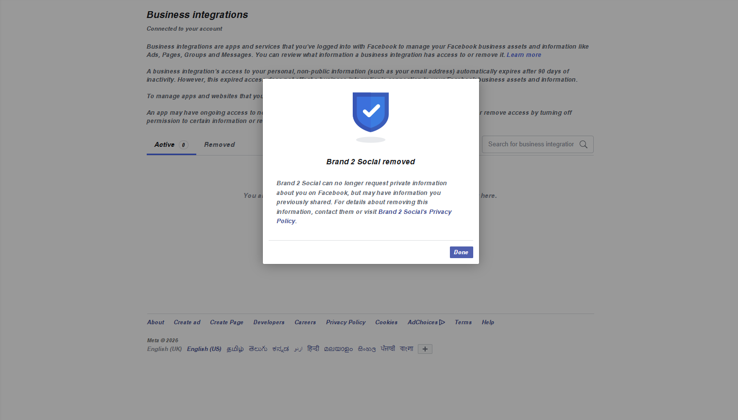 Facebook Business Integrations - Remove Brand2Social