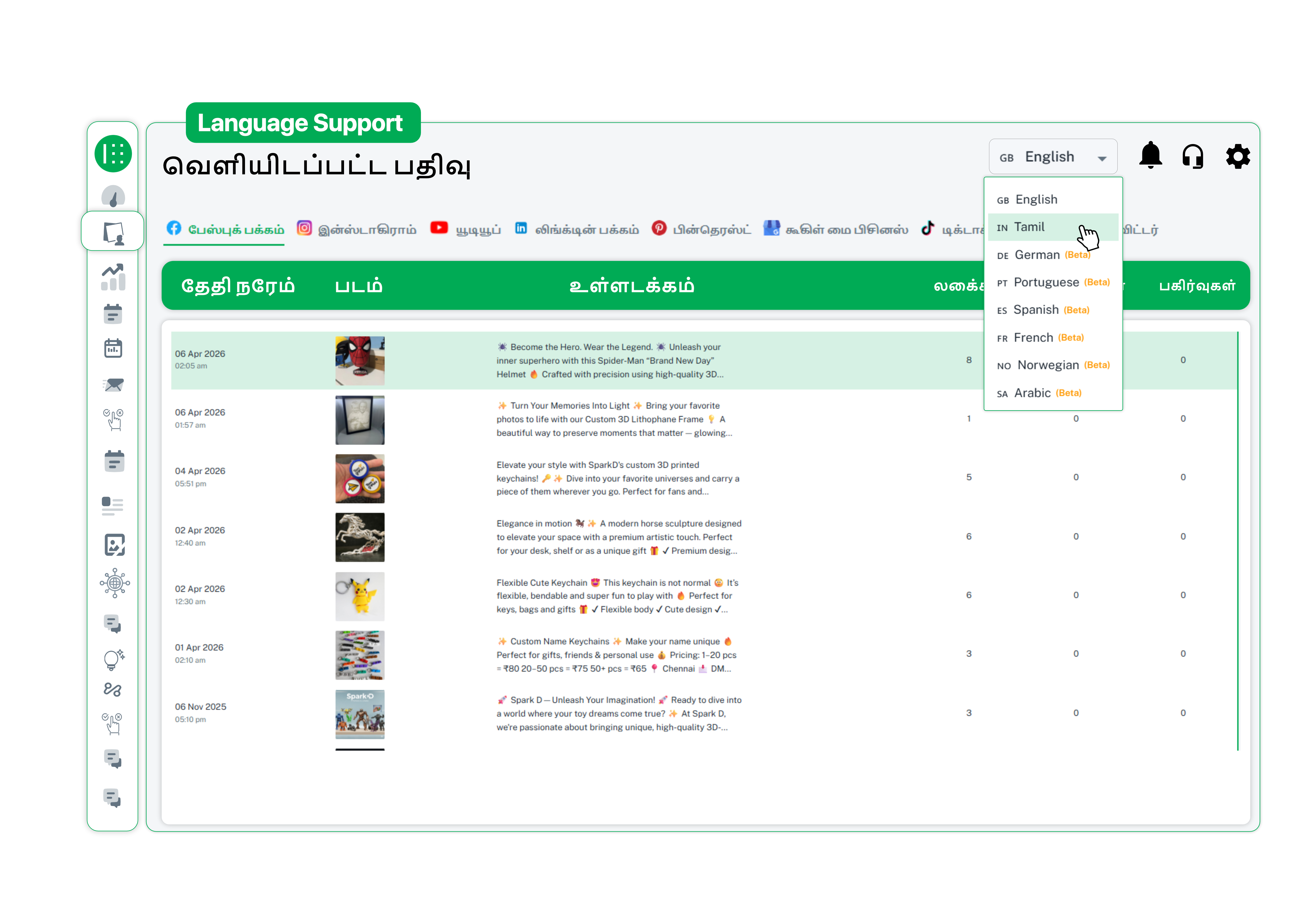 Social media published post dashboard switched to Tamil language with full navigation translation