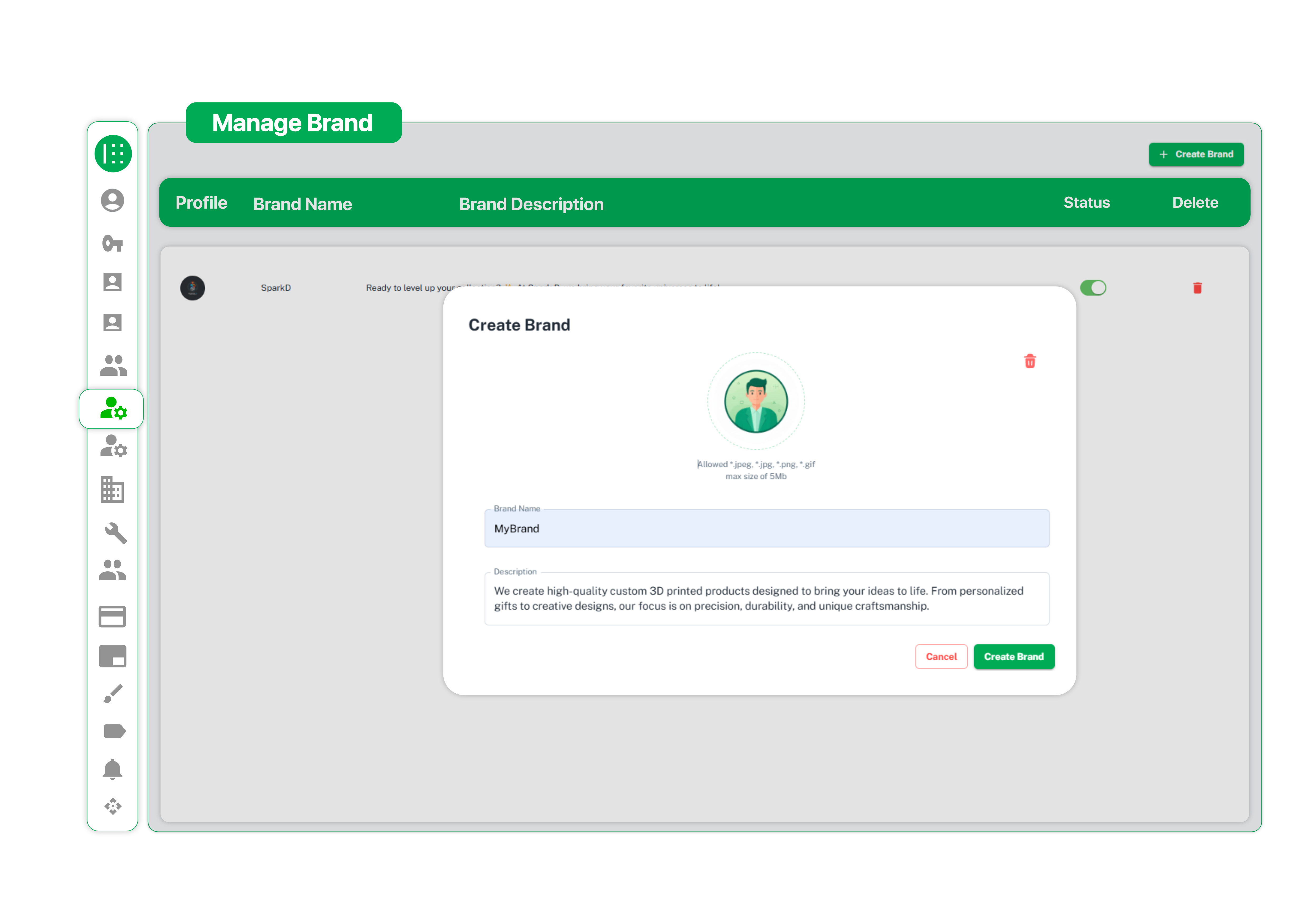 Create Brand popup with profile image upload, brand name and description input fields