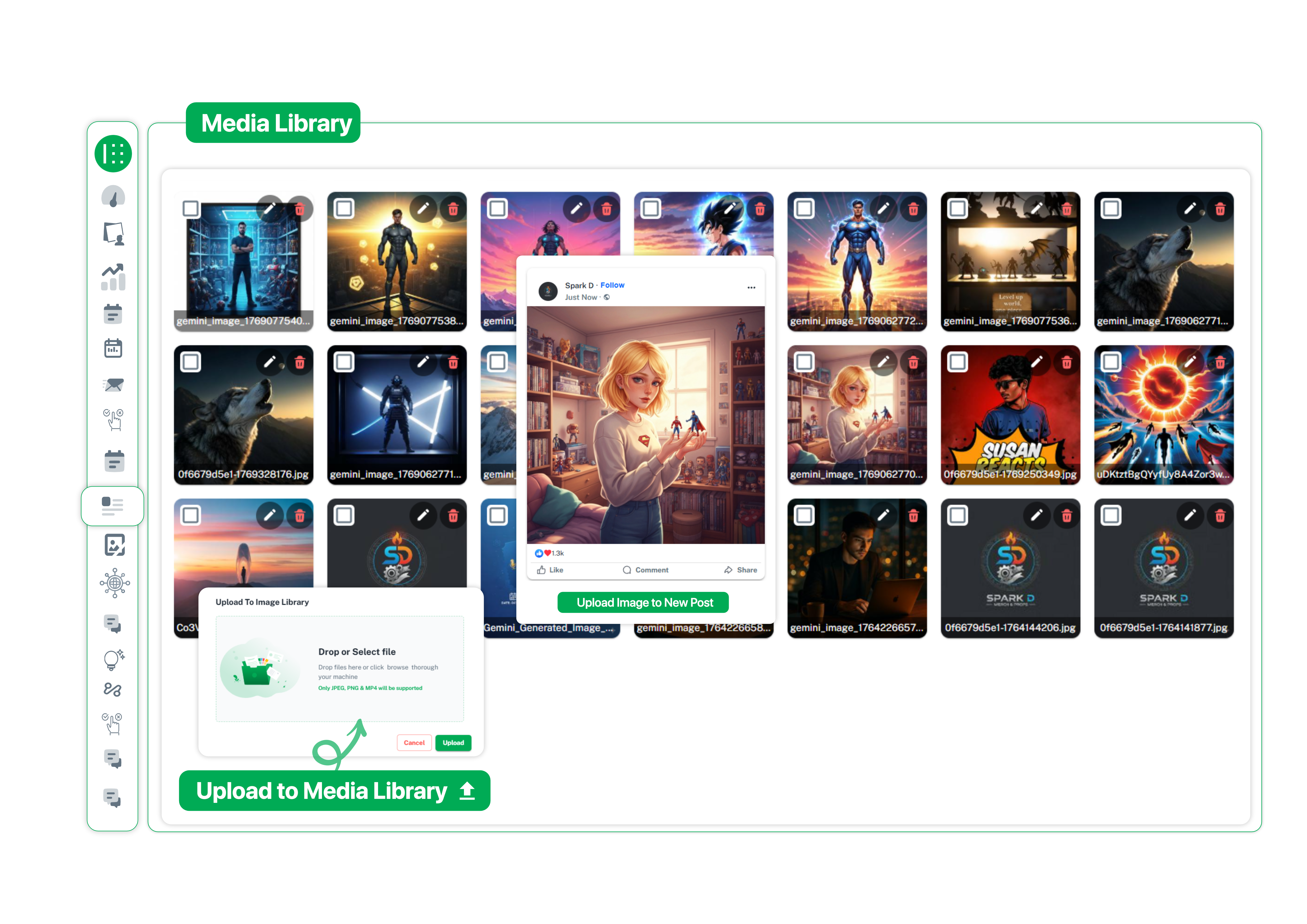 Media library grid showing uploaded images with upload to post option and drag and drop upload panel