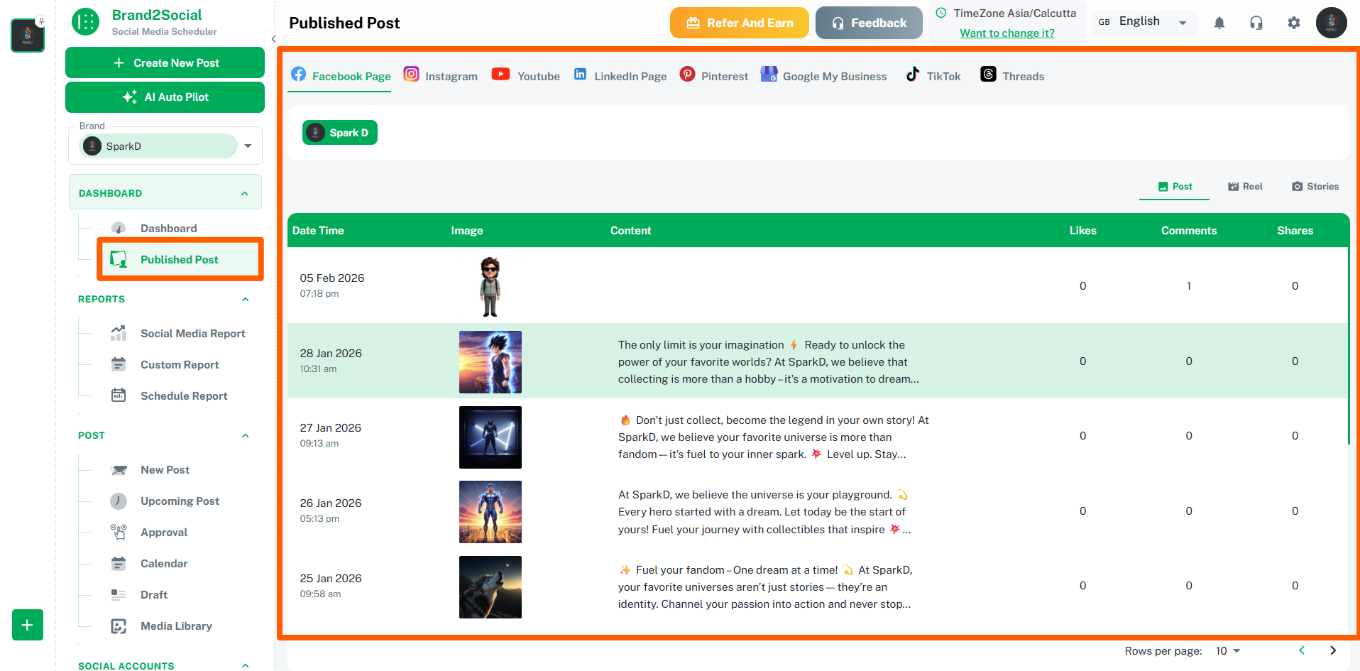 Published Posts page in Brand2Social