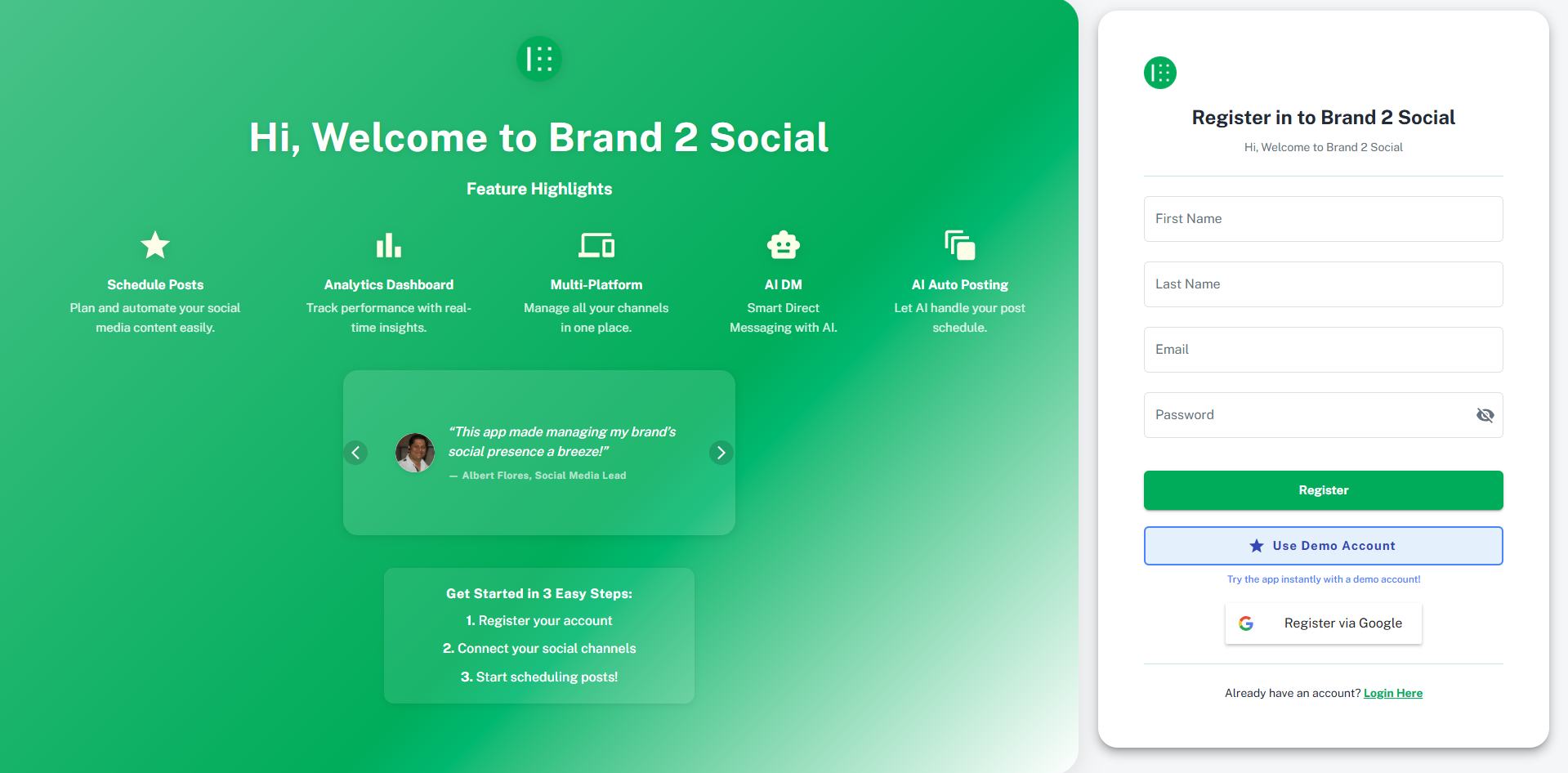 Brand2Social Registration Page