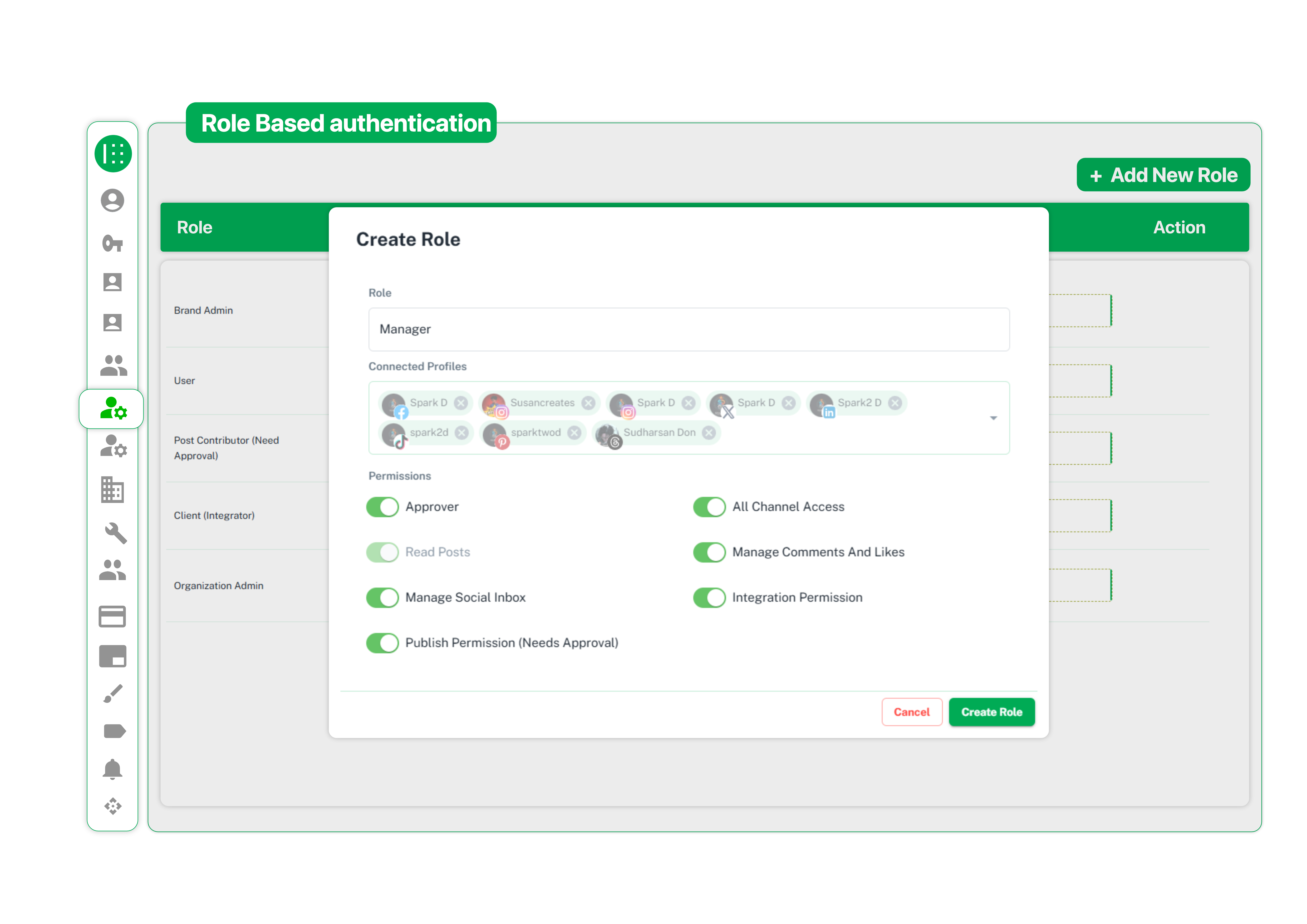 create role modal with permission toggles and connected profiles in role based access control system