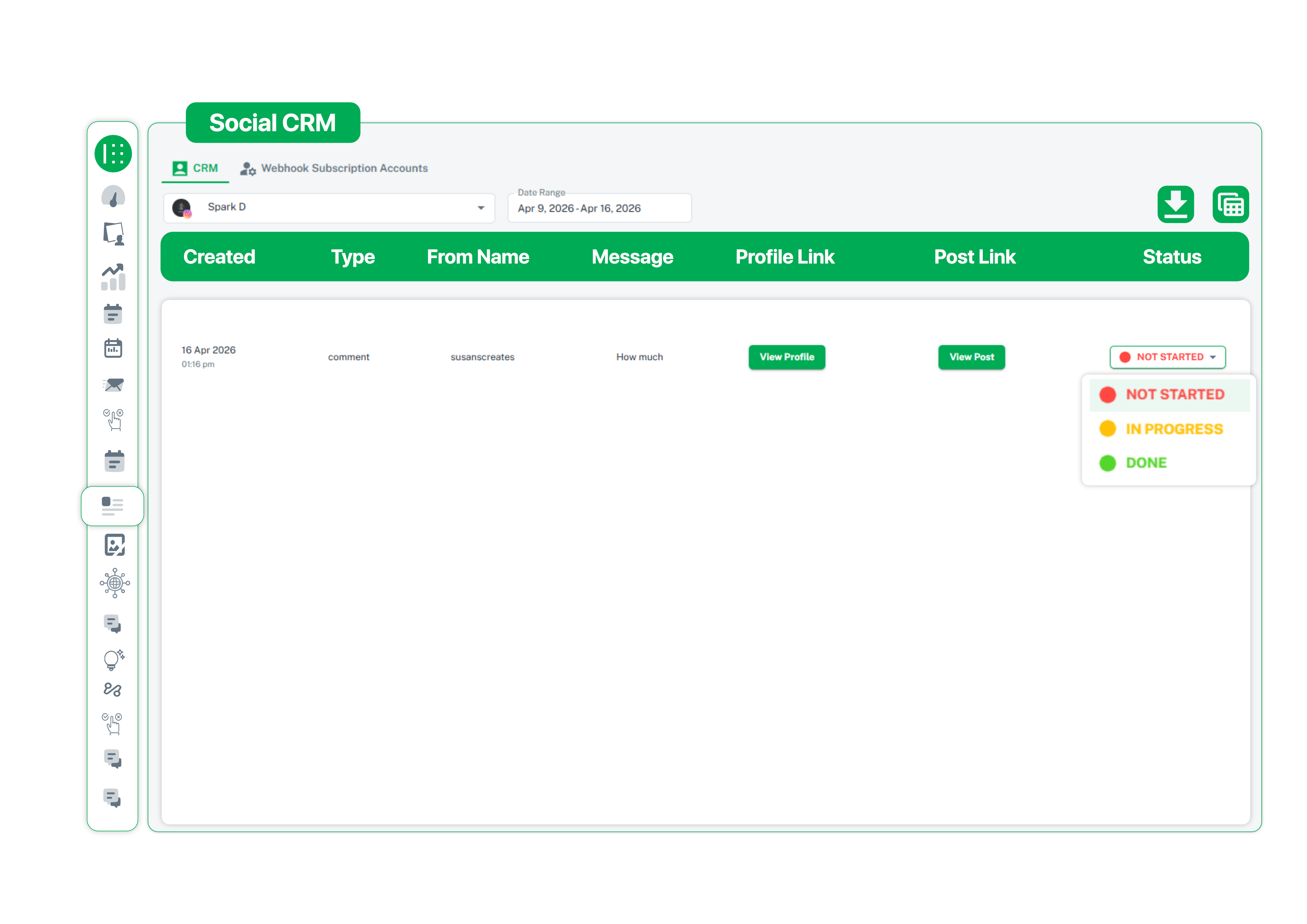Social CRM dashboard showing comment tracking with status management