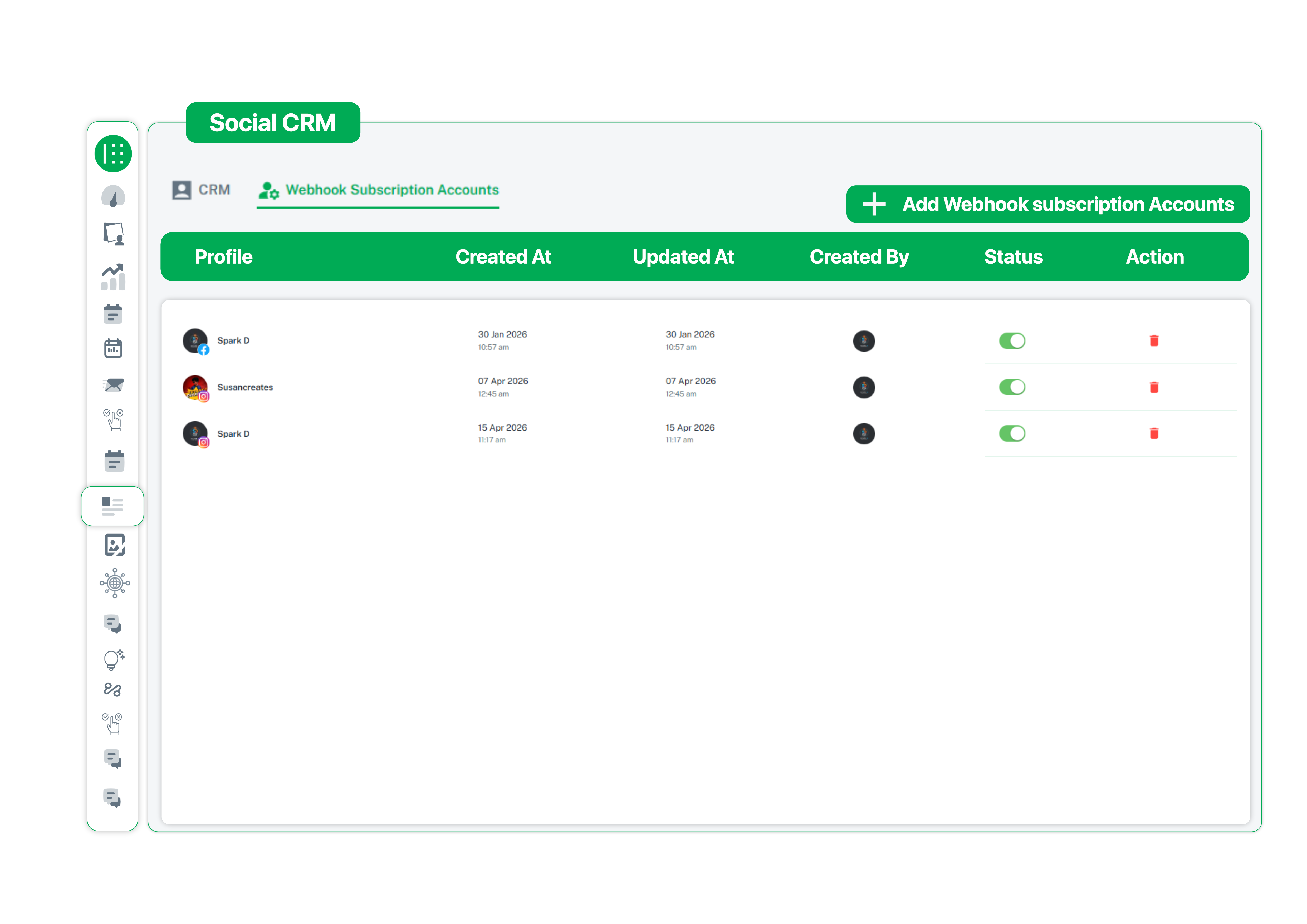 Webhook subscription accounts panel in Social CRM dashboard