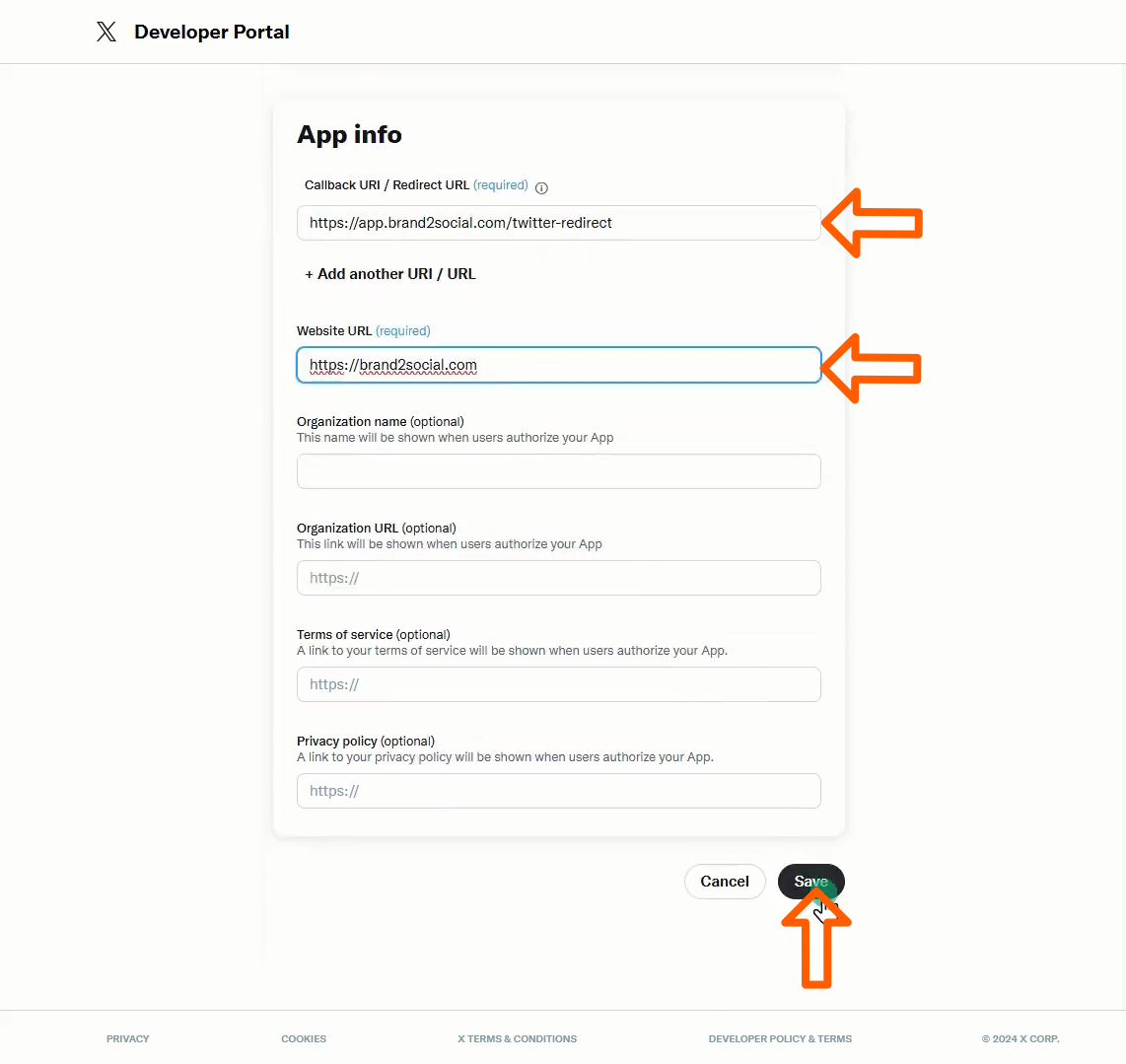Twitter Developer - App Info with Callback and Website URLs