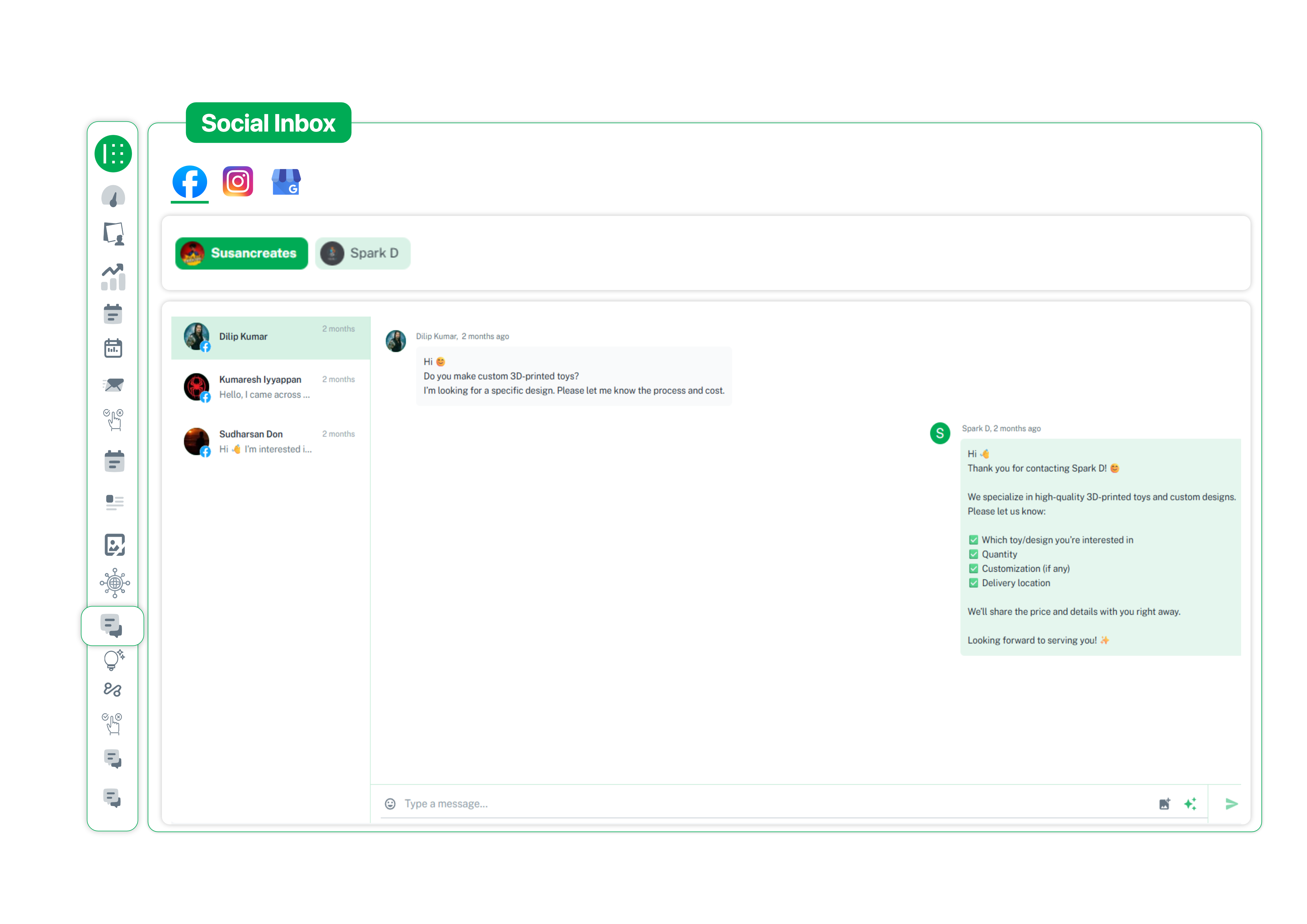 Social inbox showing Facebook and Instagram DM conversations in a unified chat view