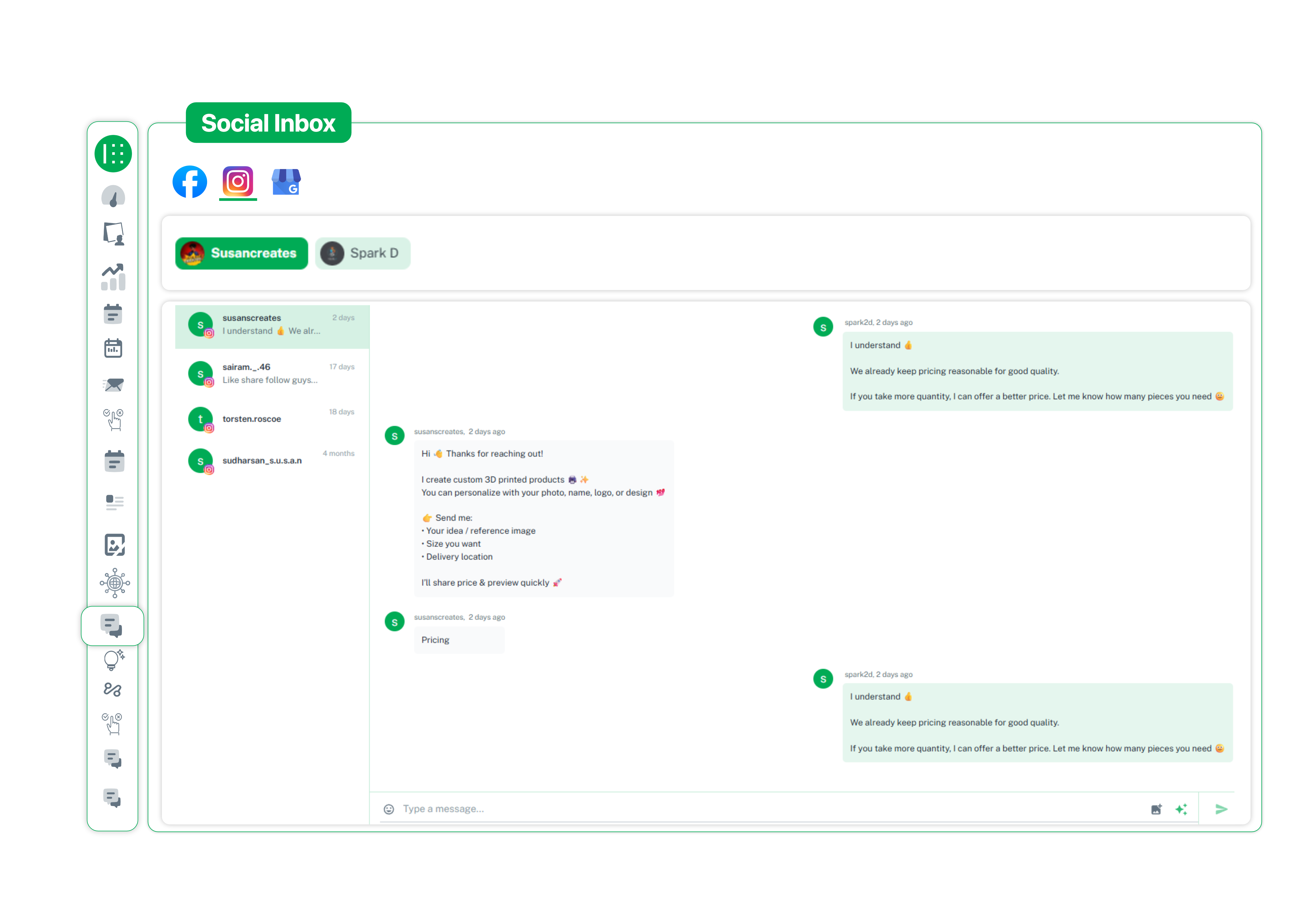 Unified inbox with multiple social accounts tabs for easy switching between profiles