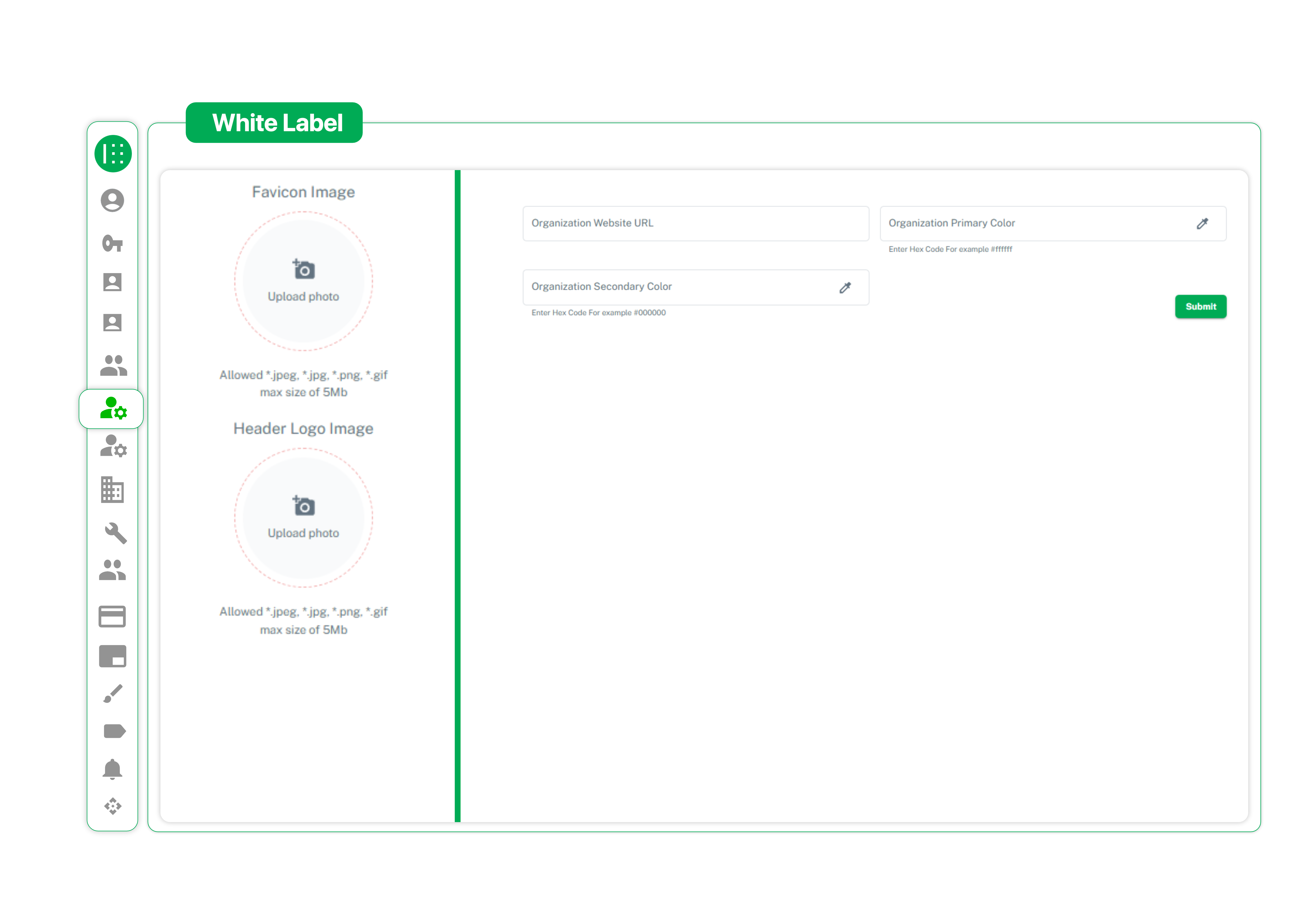 White label branding setup panel with empty favicon and header logo upload fields