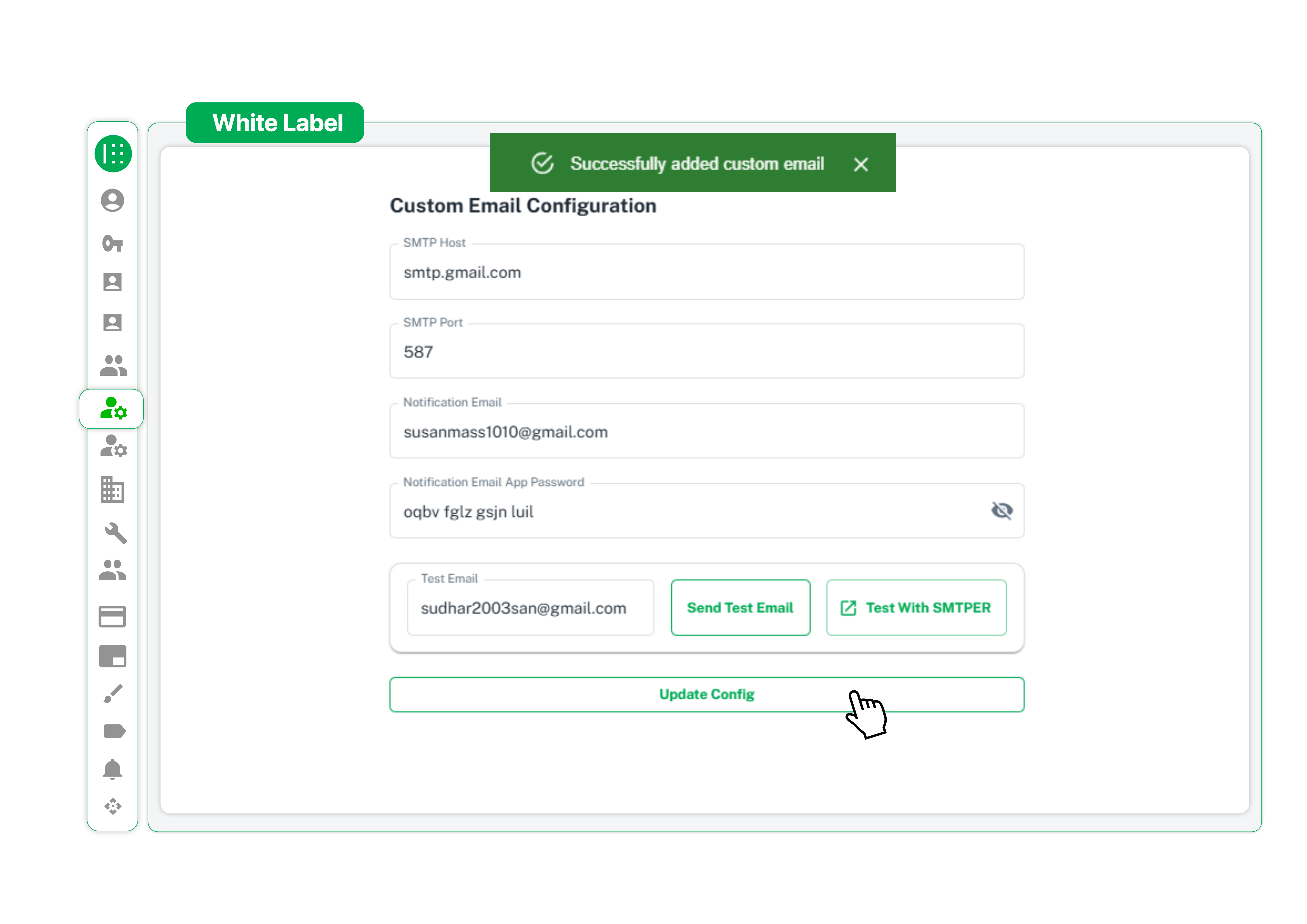 White label custom email configuration panel with SMTP host, port and notification email settings