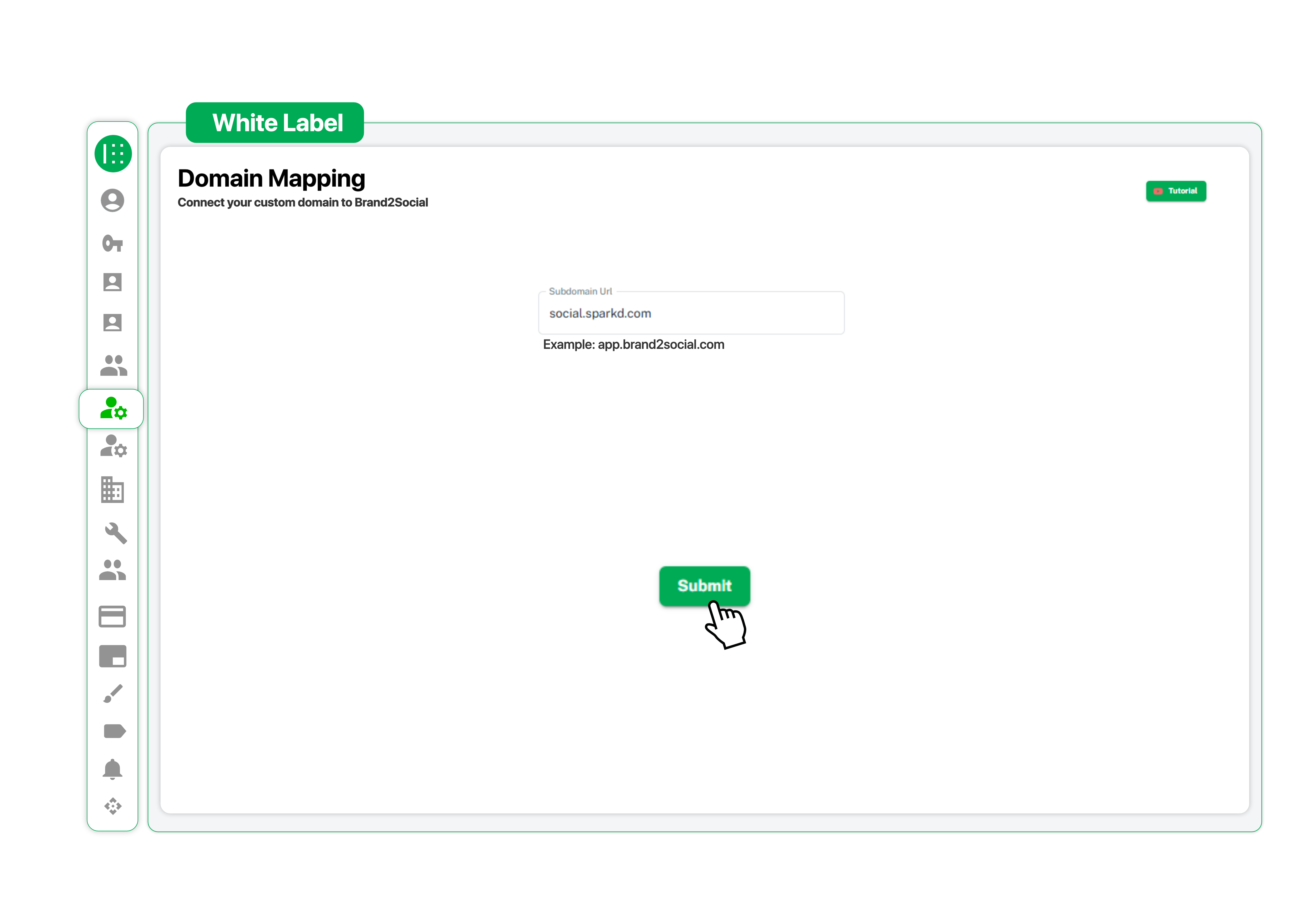 White label domain mapping panel with custom subdomain URL input field